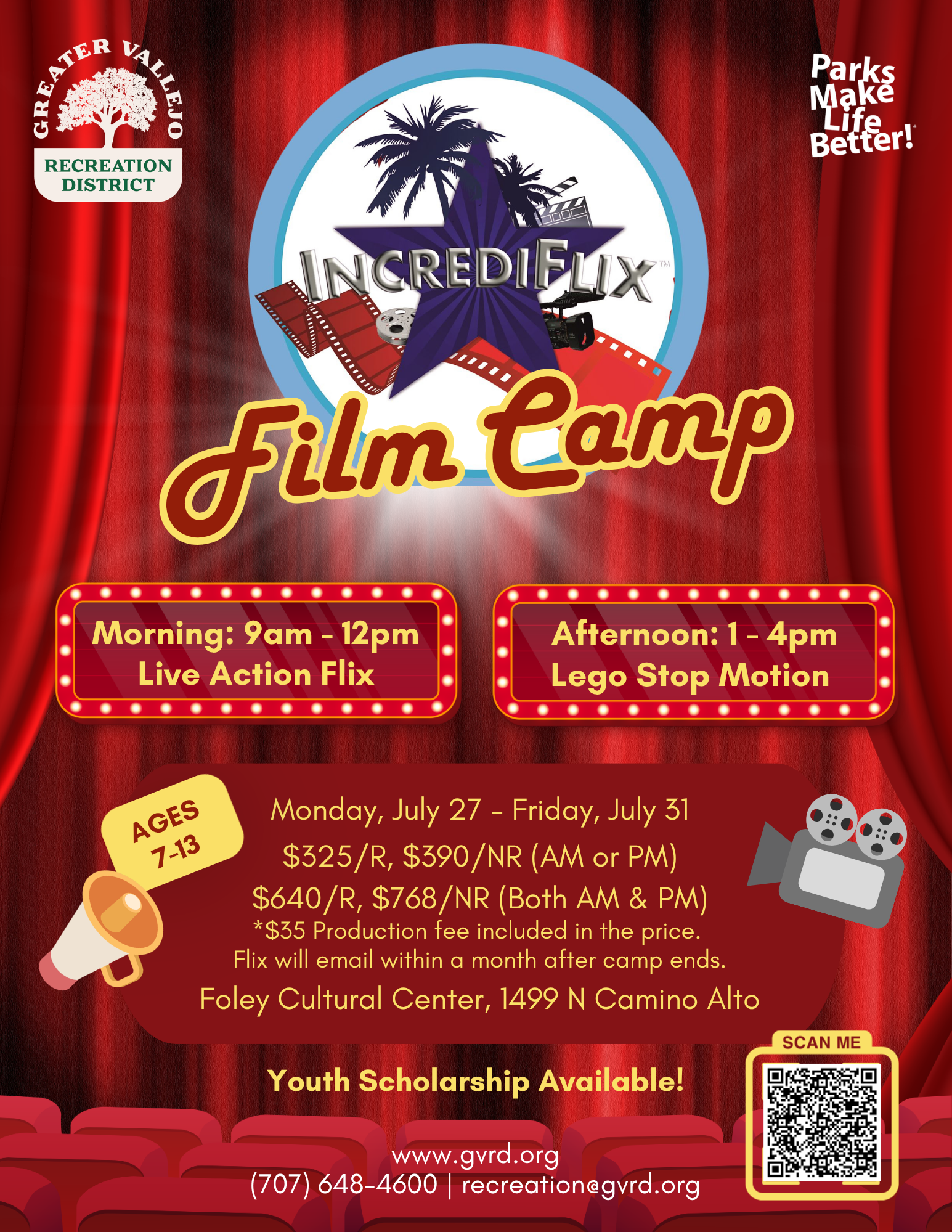Incrediflix Film Camp for ages 7-13, July 27-31, offers live-action and Lego stop motion. Registration details included.
