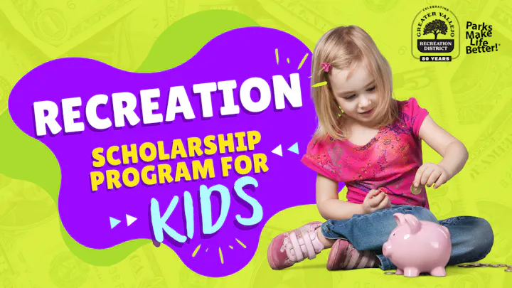 A colorful ad promoting a recreation scholarship program for kids, featuring a young girl with a piggy bank.