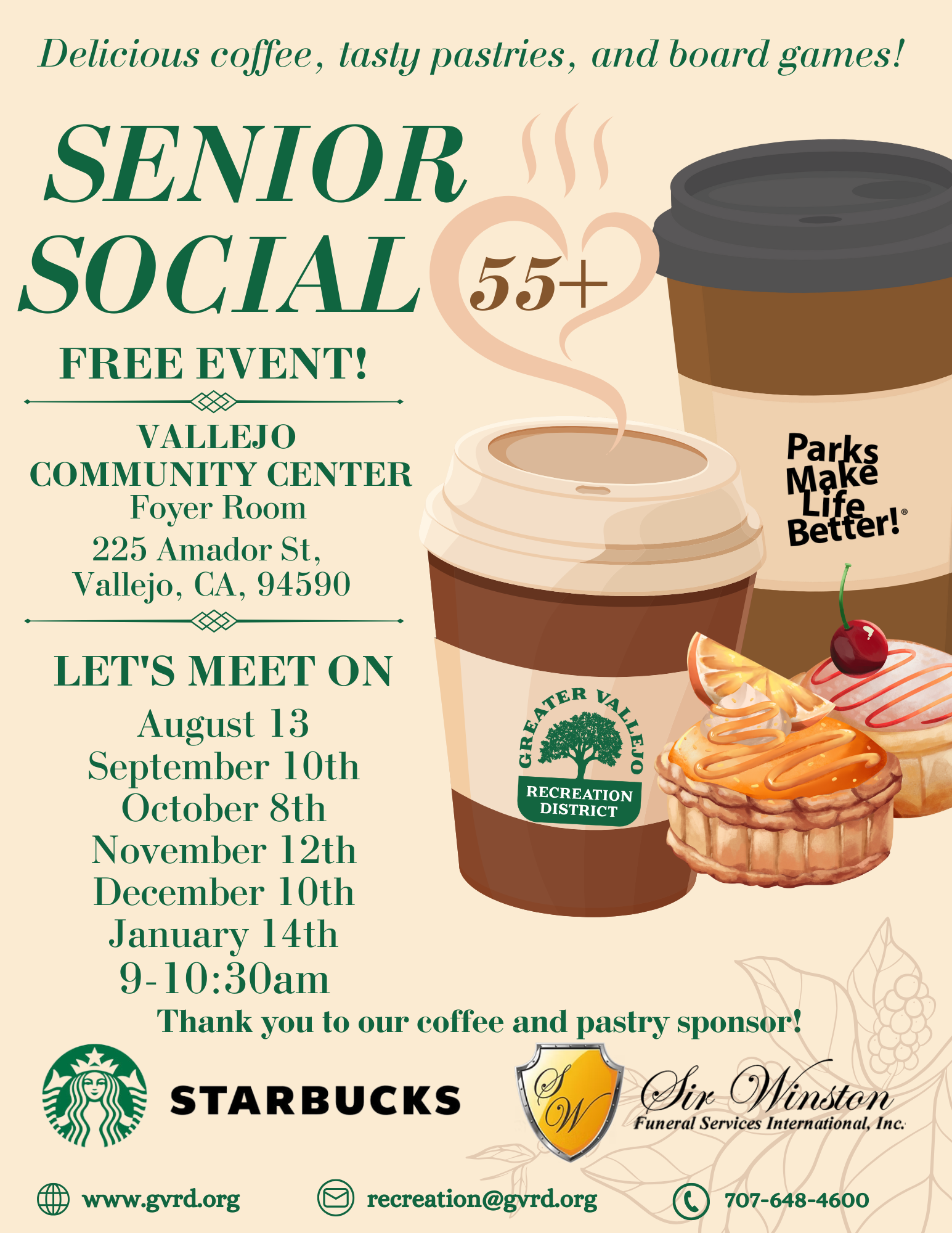 Senior Social event for 55+ with coffee, pastries, board games at Vallejo Community Center. Held monthly. Sponsored by Starbucks.