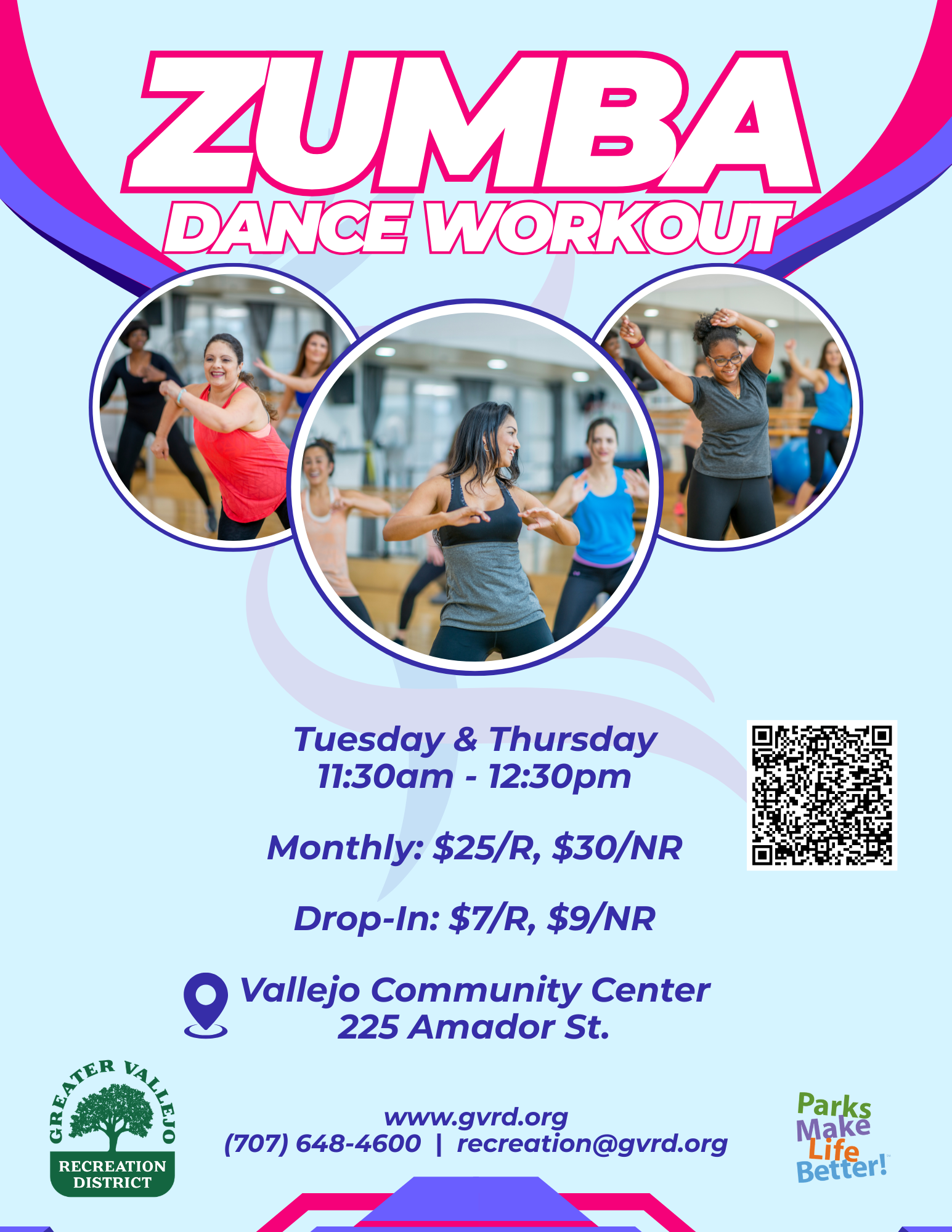 Zumba dance workout at Vallejo Community Center, Tues & Thurs, 11:30am-12:30pm. Monthly/$25, Drop-In/$7. Info: gvrd.org.