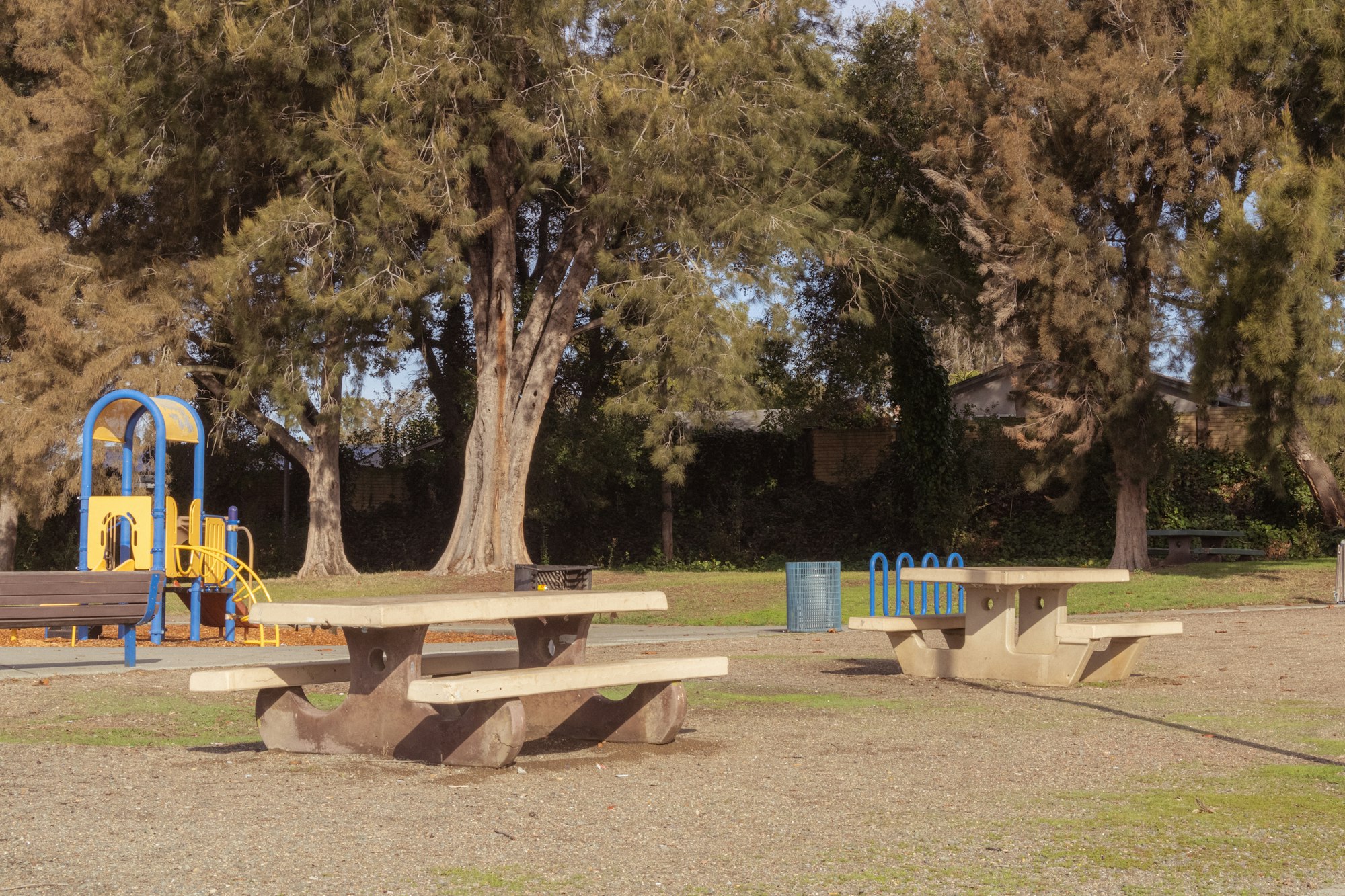 A playground with benches, trees, and a play structure on a sunny day.