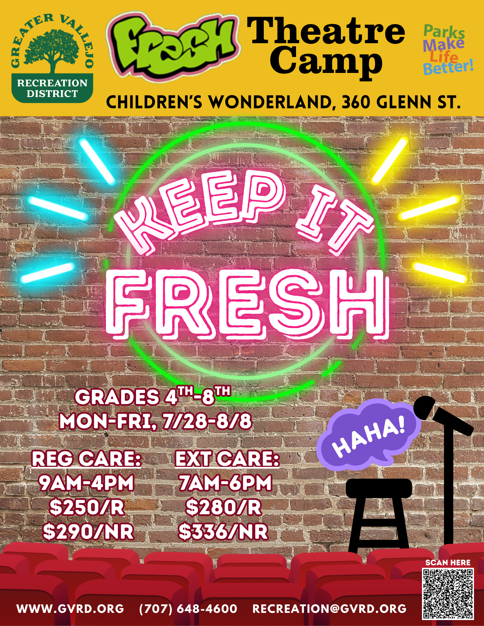 "Keep it Fresh" theatre camp for 4th-8th grade, 7/28-8/8. Greater Vallejo Recreation District. Pricing and contact info included.