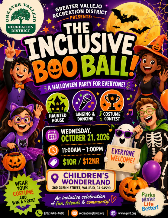 Inclusive Boo Ball: A Halloween party on Oct 21, 2026, at Children's Wonderland, Vallejo. Fun, costumes, and contests for all! 🎃👻