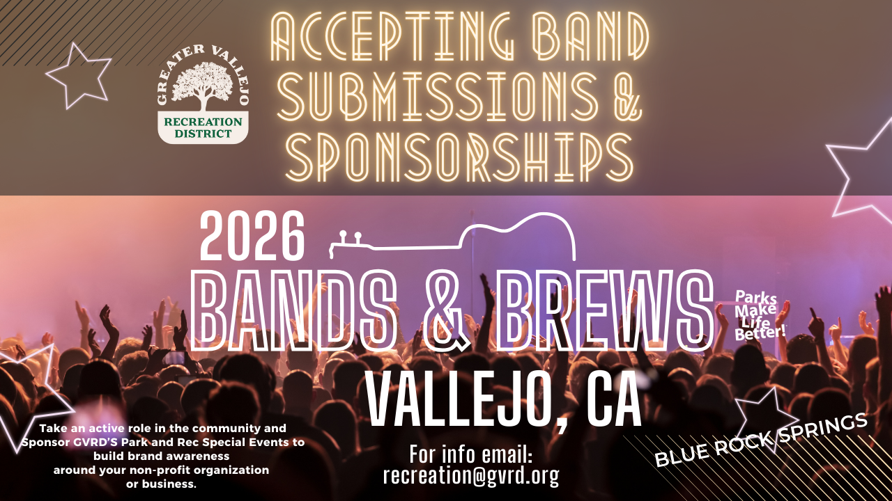 Event flyer for "2026 Bands & Brews" in Vallejo, CA. Accepting band submissions and sponsorships.