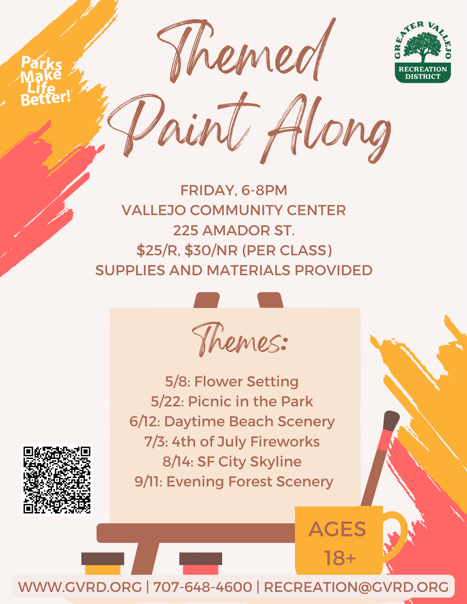 Join the themed paint along at Vallejo Community Center! Fridays, 6-8 PM. $25 for residents. Themes listed. Ages 18+.