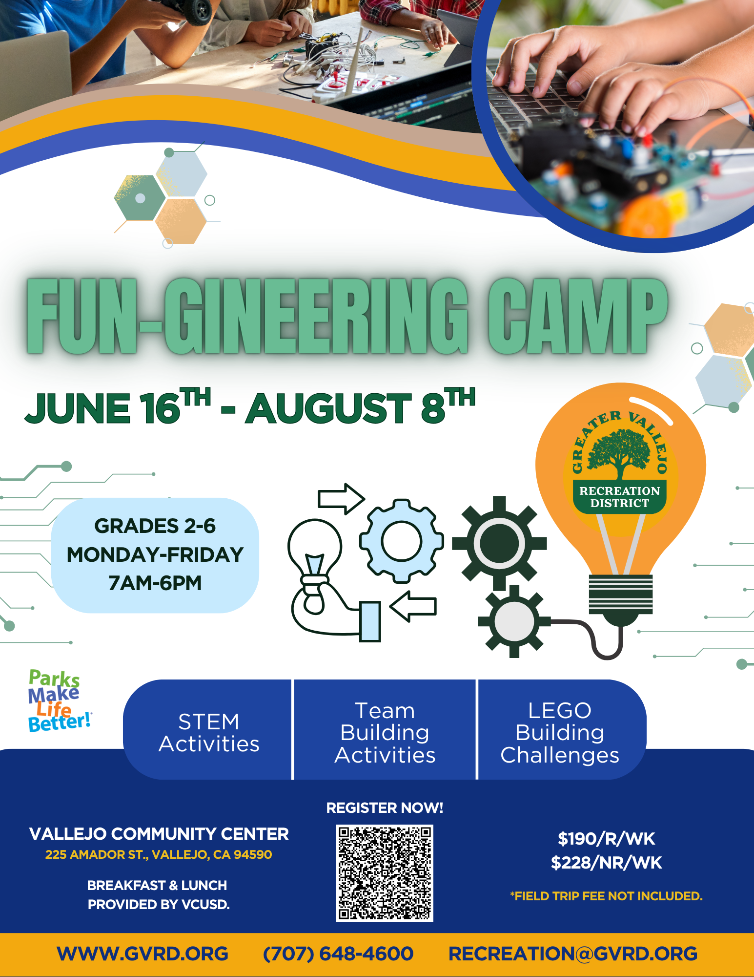 Fun-gineering Camp flyer: June 16-Aug 8, grades 2-6, STEM and team activities, prices listed, Vallejo Community Center.