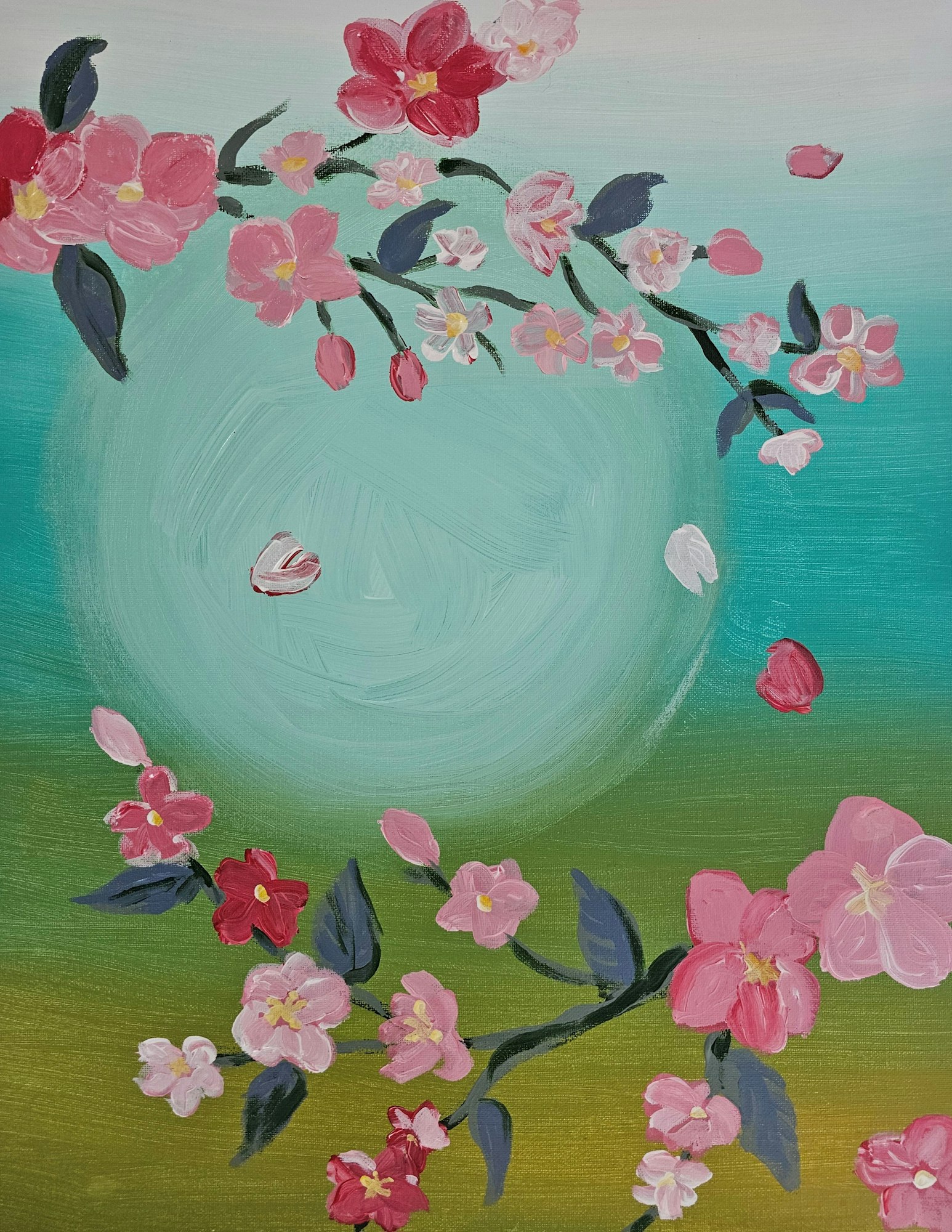 Pink flowers and green leaves on branches against a blue and green gradient background.