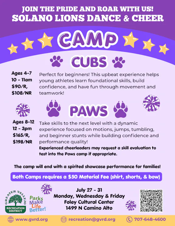 Solano Lions Dance & Cheer camps for ages 4-12 from July 27-31. Learn skills, teamwork, and perform for families!