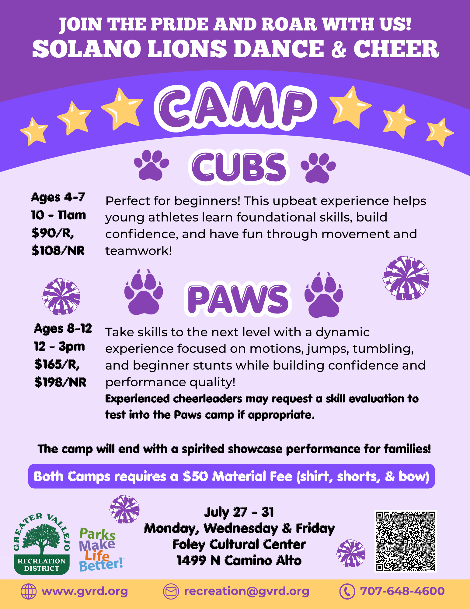 Solano Lions Dance & Cheer camps for ages 4-12 from July 27-31. Learn skills, teamwork, and perform for families!