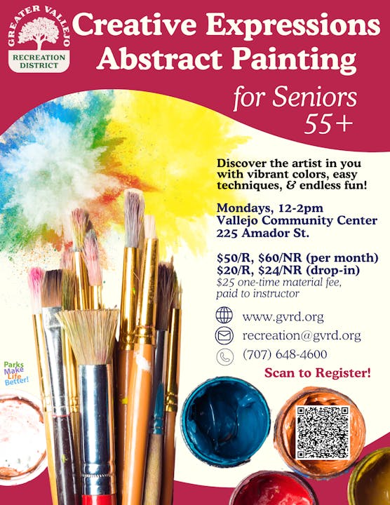 Painting classes for seniors 55+ at Vallejo Community Center. Mondays, 12-2pm. $50-$60/month. Contact info and QR code for registration.