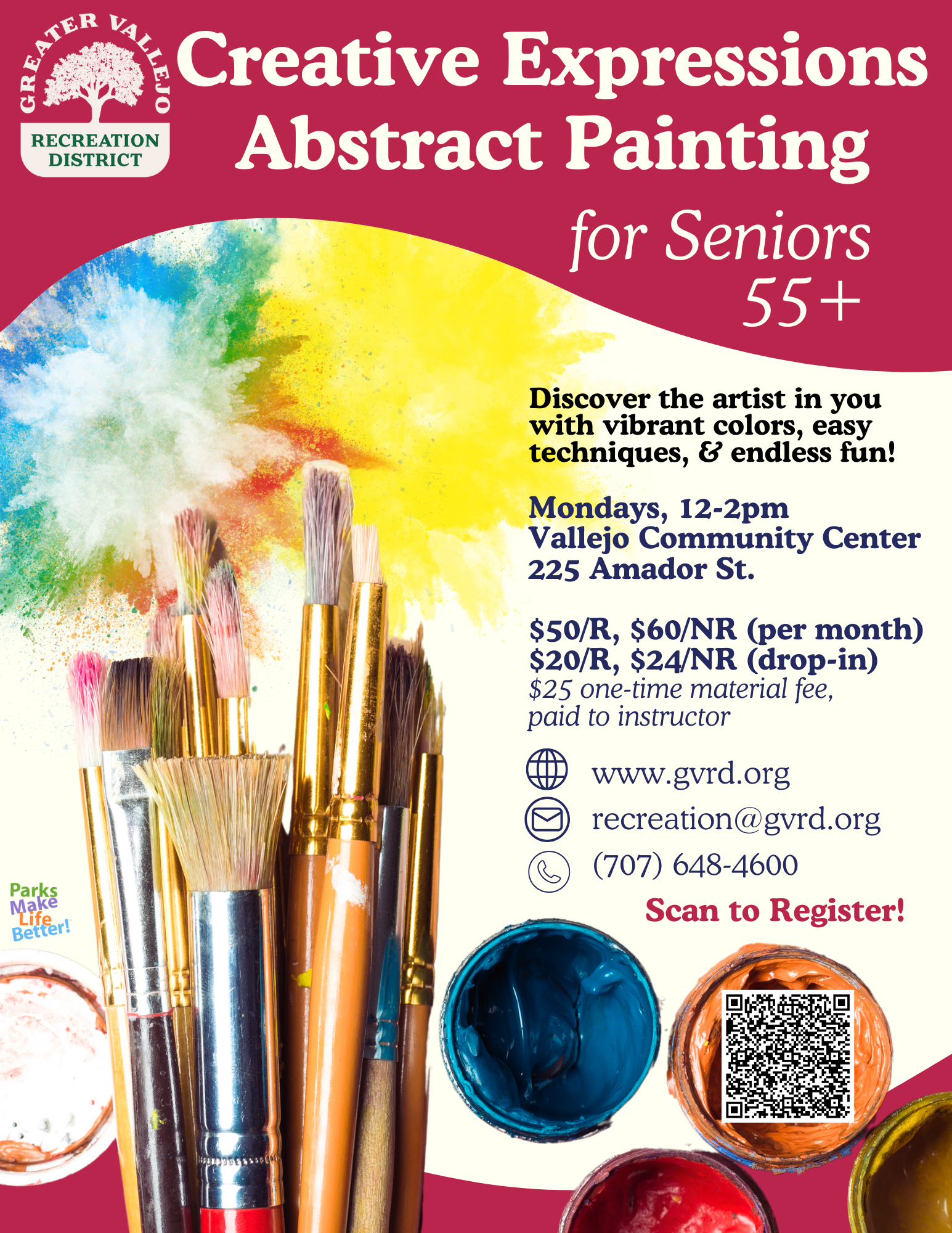 Painting classes for seniors 55+ at Vallejo Community Center. Mondays, 12-2pm. $50-$60/month. Contact info and QR code for registration.