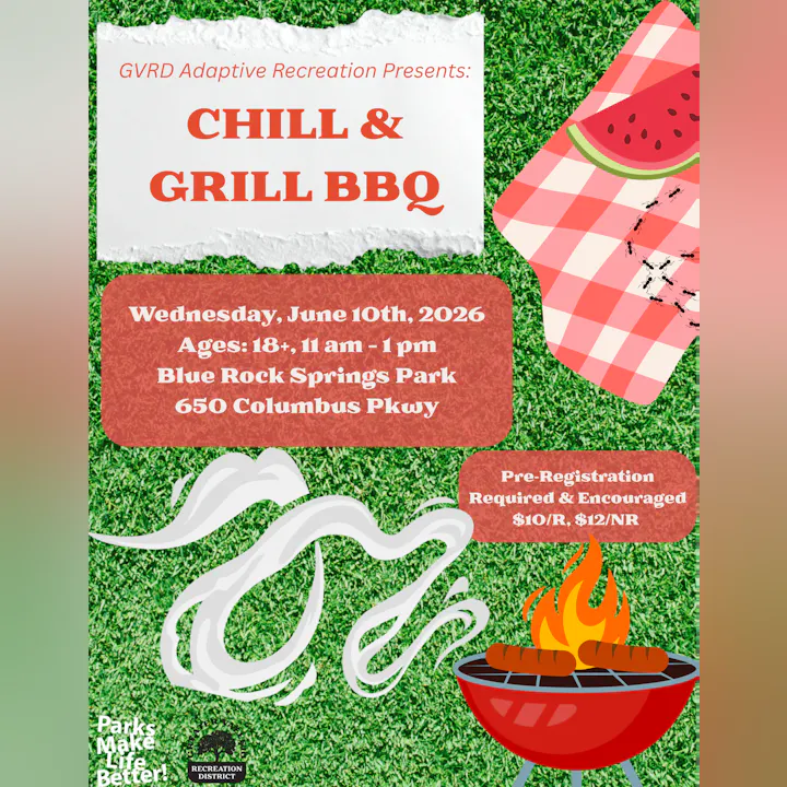 Event flyer for a BBQ on June 10, 2026, at Blue Rock Springs Park. Ages 18+, 11 AM-1 PM. Pre-registration needed ($10/R, $12/NR).