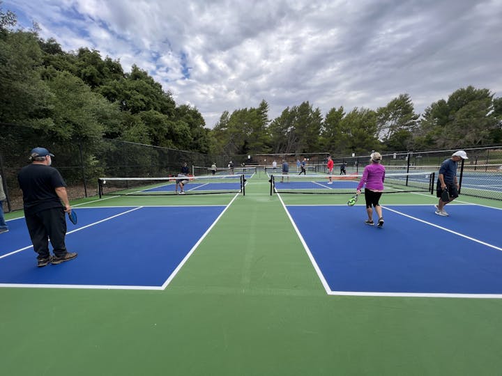 People playing pickleball on outdoor courts with trees in the background. Cloudy sky overhead.