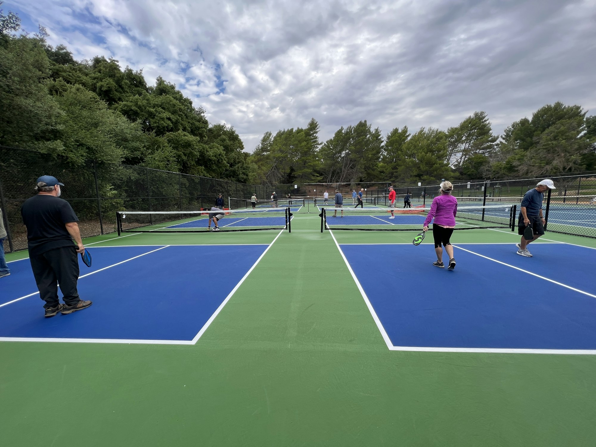 People playing pickleball on outdoor courts with trees in the background. Cloudy sky overhead.