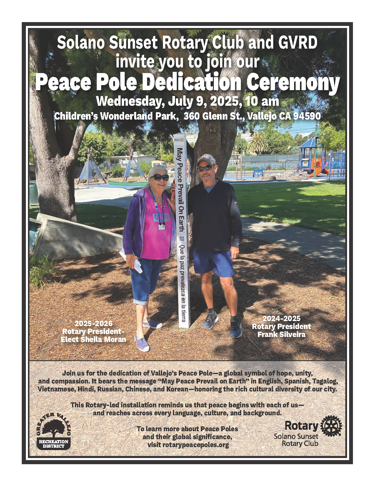Invitation to the Peace Pole Dedication Ceremony by Solano Sunset Rotary Club on July 9, 2025, at Children's Wonderland Park, Vallejo, CA.