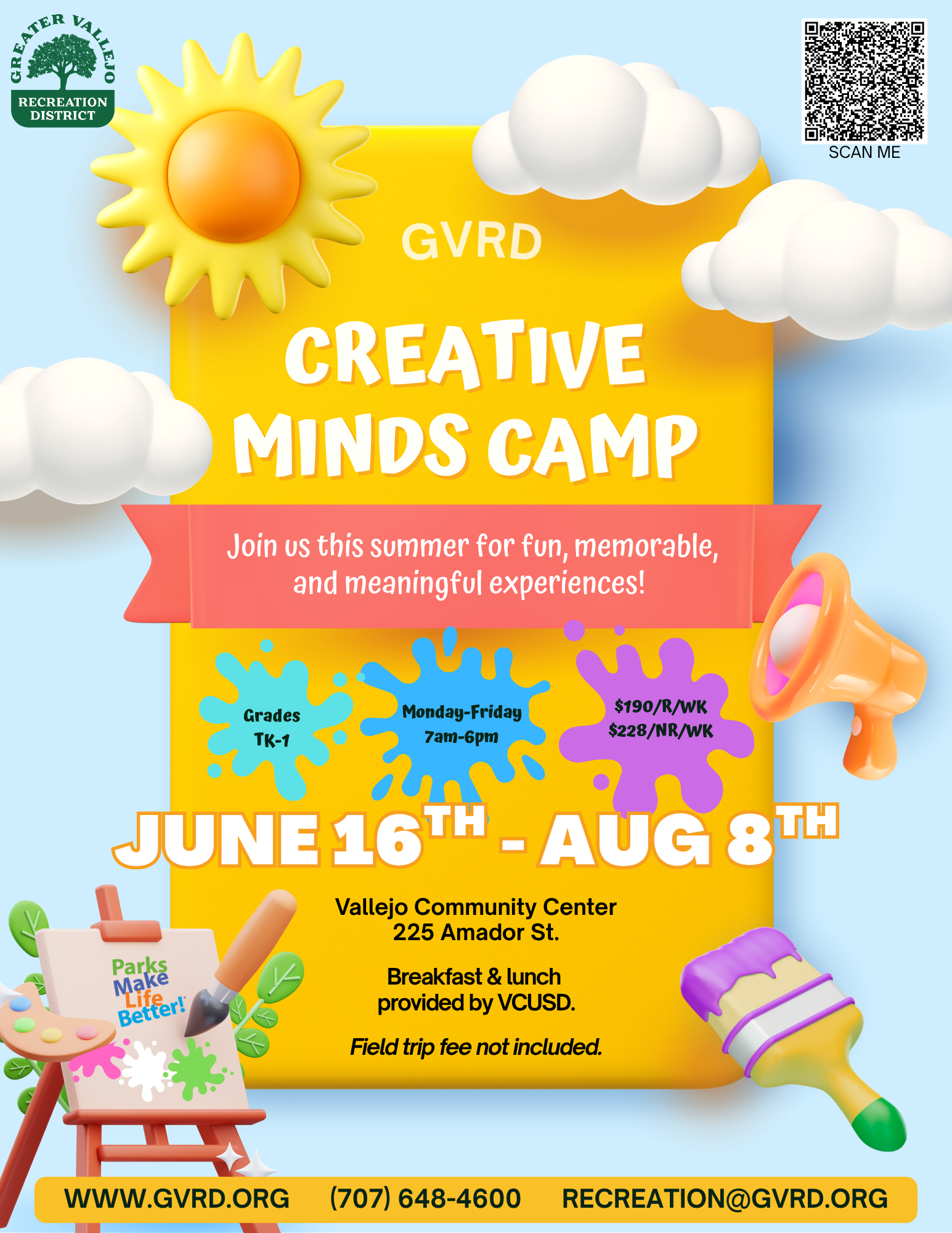 Creative Minds Camp ad for grades TK-1, June 16 to Aug 8, 7am-6pm. Vallejo Community Center. Breakfast/lunch provided.