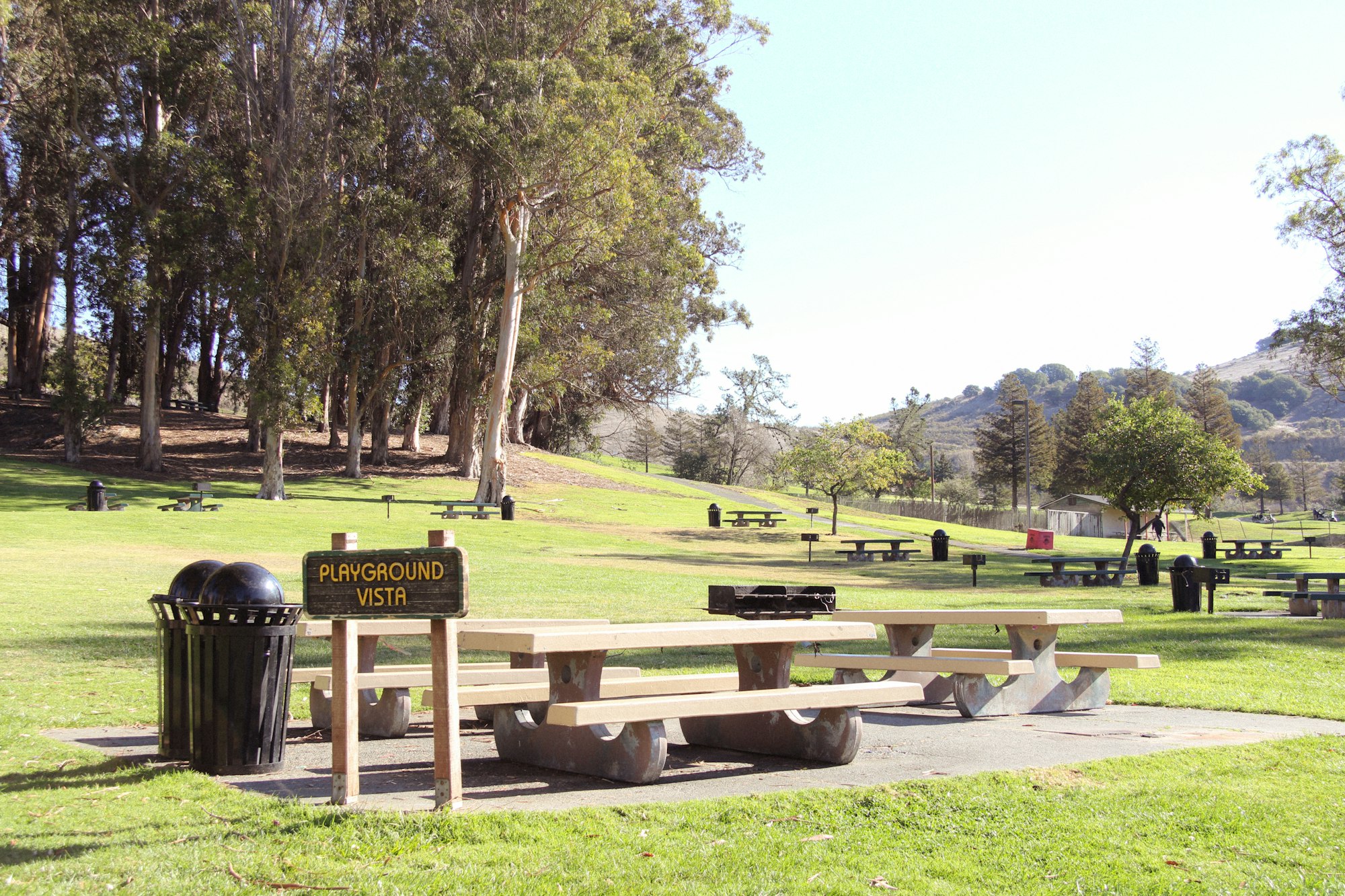 A peaceful park with picnic tables, trees, and signage for a playground vista.