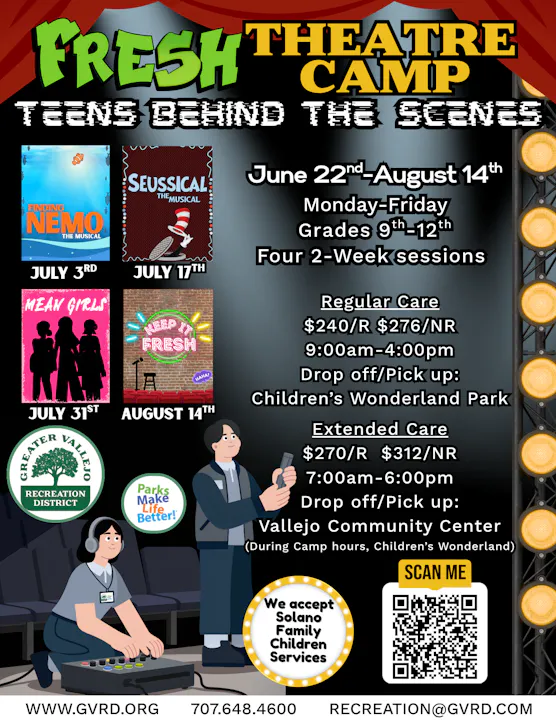 The image promotes a theatre camp for teens, running June 22-August 14, with sessions focusing on various musicals.