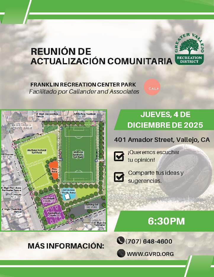 Community update meeting for Franklin Recreation Center Park on Dec 4, 2025, at 6:30 PM, 401 Amador St, Vallejo, CA.
