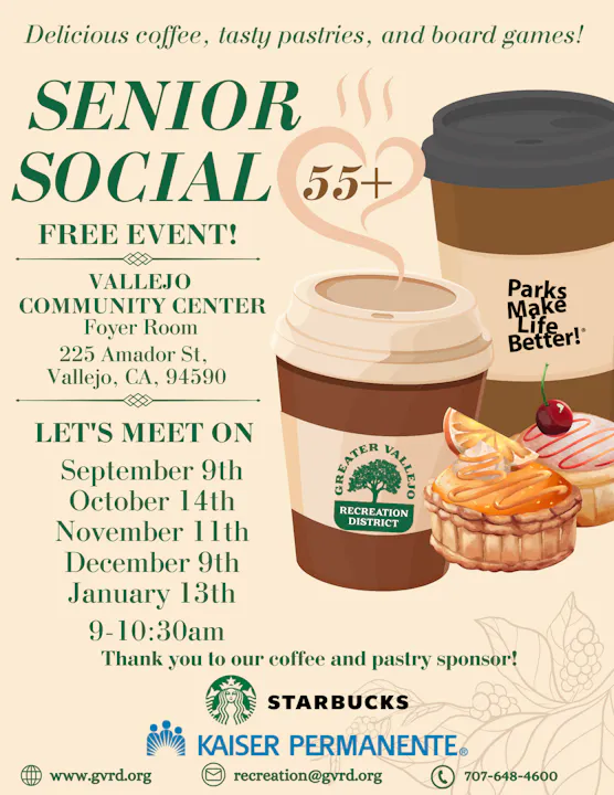 Senior Social event for ages 55+ at Vallejo Community Center. Free coffee, pastries, and board games on select dates from 9-10:30am.