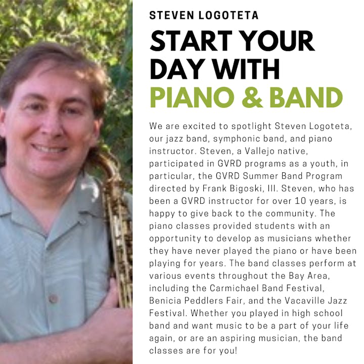 Steven Logoteta, music instructor, offers piano and band classes, supporting musicians in the Bay Area through community events.