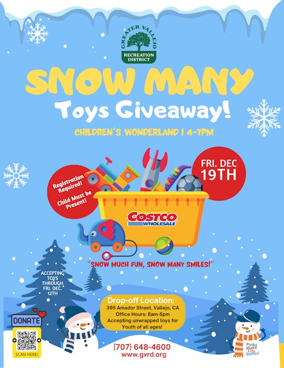 Snow-themed toy giveaway event on Dec 19th, 4-7 PM, at Children's Wonderland, Vallejo. Register and donate toys by Dec 12th.