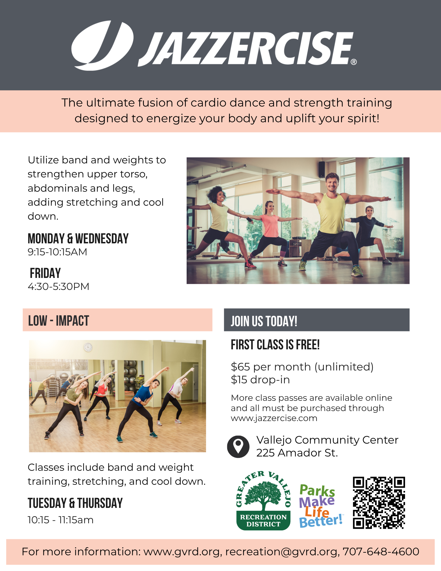Jazzercise classes combine cardio dance and strength training. Join at Vallejo Community Center; first class free! Classes on Mon/Wed & Tue/Thu.