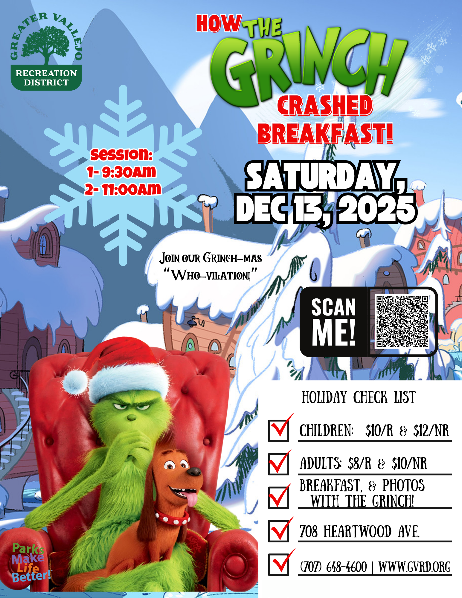 Grinch-themed breakfast event on Dec 13, 2025. Includes breakfast, photos, and sessions at 9:30 AM and 11:00 AM. Tickets and details on flyer.