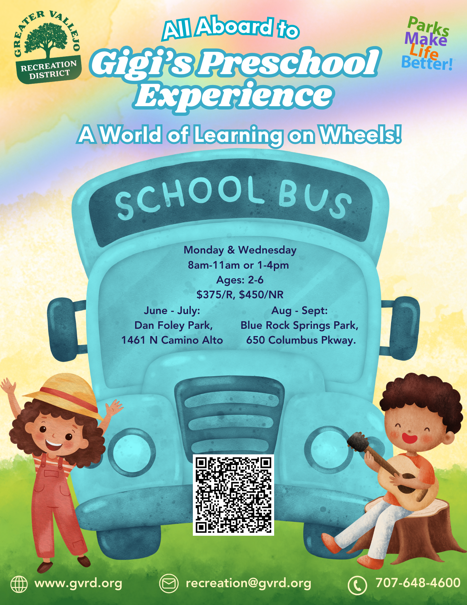 Flyer for "Gigi's Preschool Experience" with details about a mobile learning program for ages 2-6, including schedule and location.