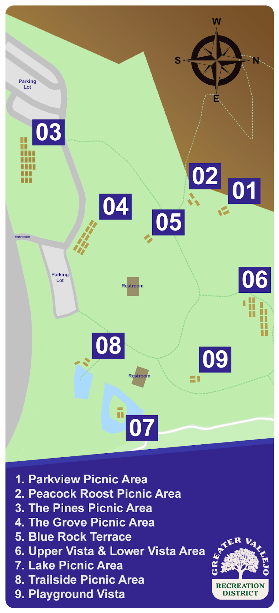 A park map showing picnic areas, restrooms, parking and a compass for navigation.