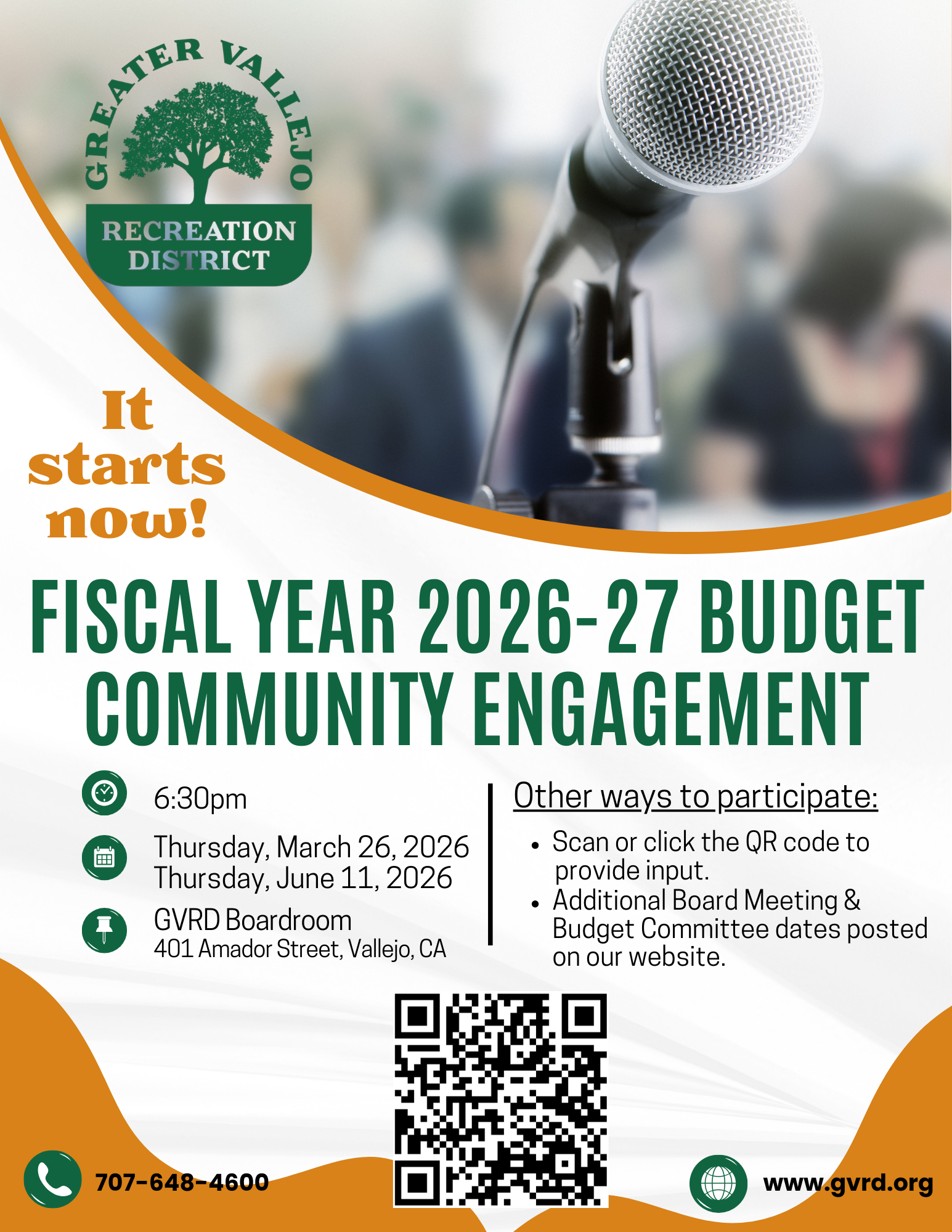 Announcement for community engagement on the 2026-27 budget. Meetings on March 26 & June 11, 2026, at GVRD Boardroom, Vallejo.
