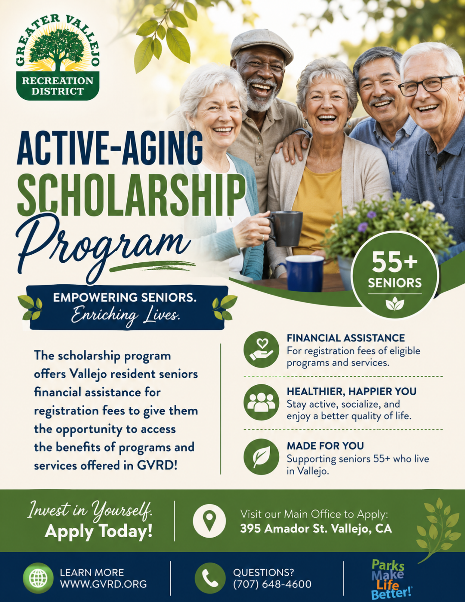 The image promotes the "Active-Aging Scholarship Program" for Vallejo seniors (55+) offering financial assistance for activities.