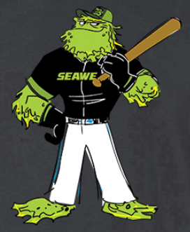 A cartoon of a green monster wearing a sports uniform and holding a baseball bat.