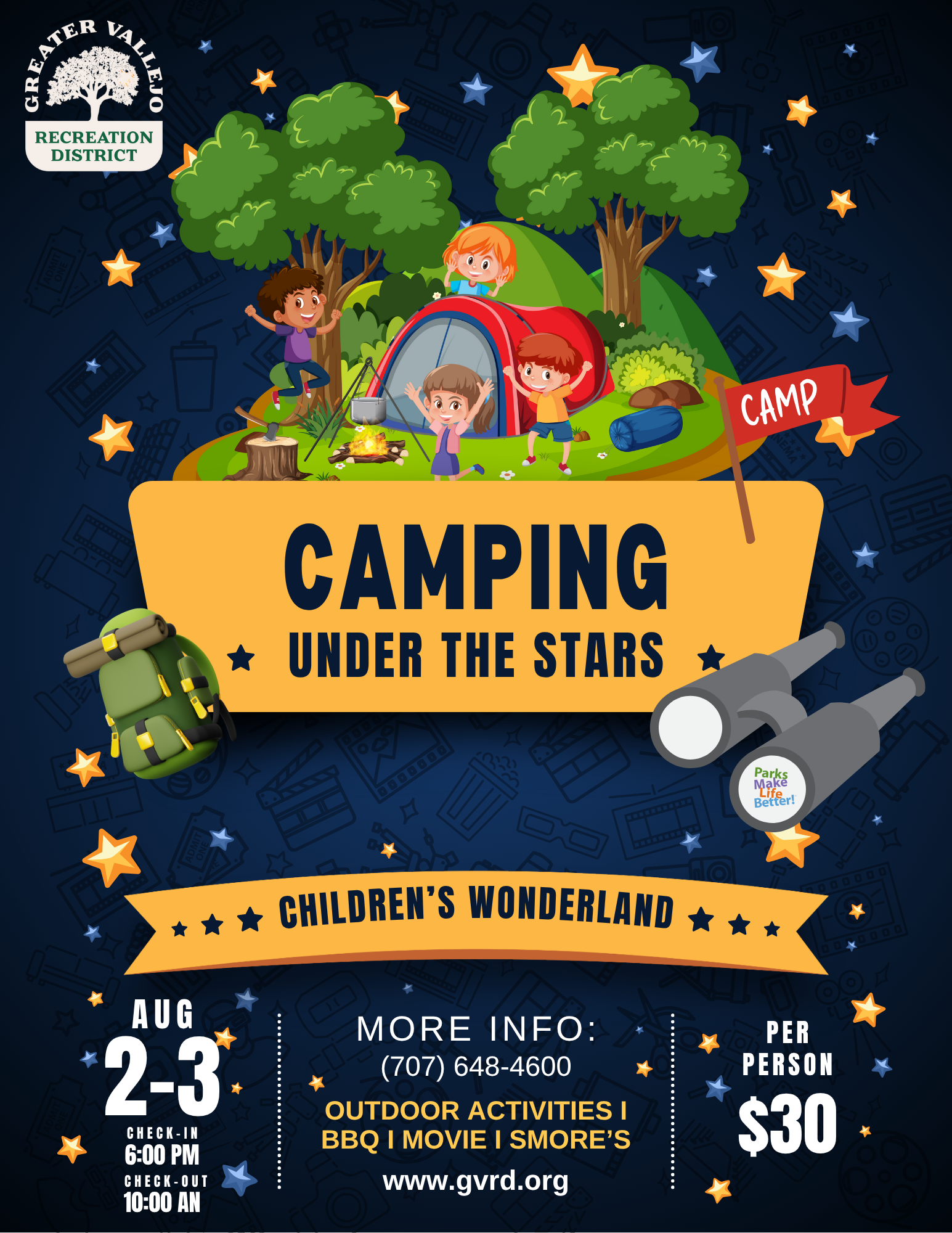 Camping event ad for Aug 2-3 at Children's Wonderland. $30 per person. Outdoor activities, BBQ, movie, s'mores. www.gvrd.org.