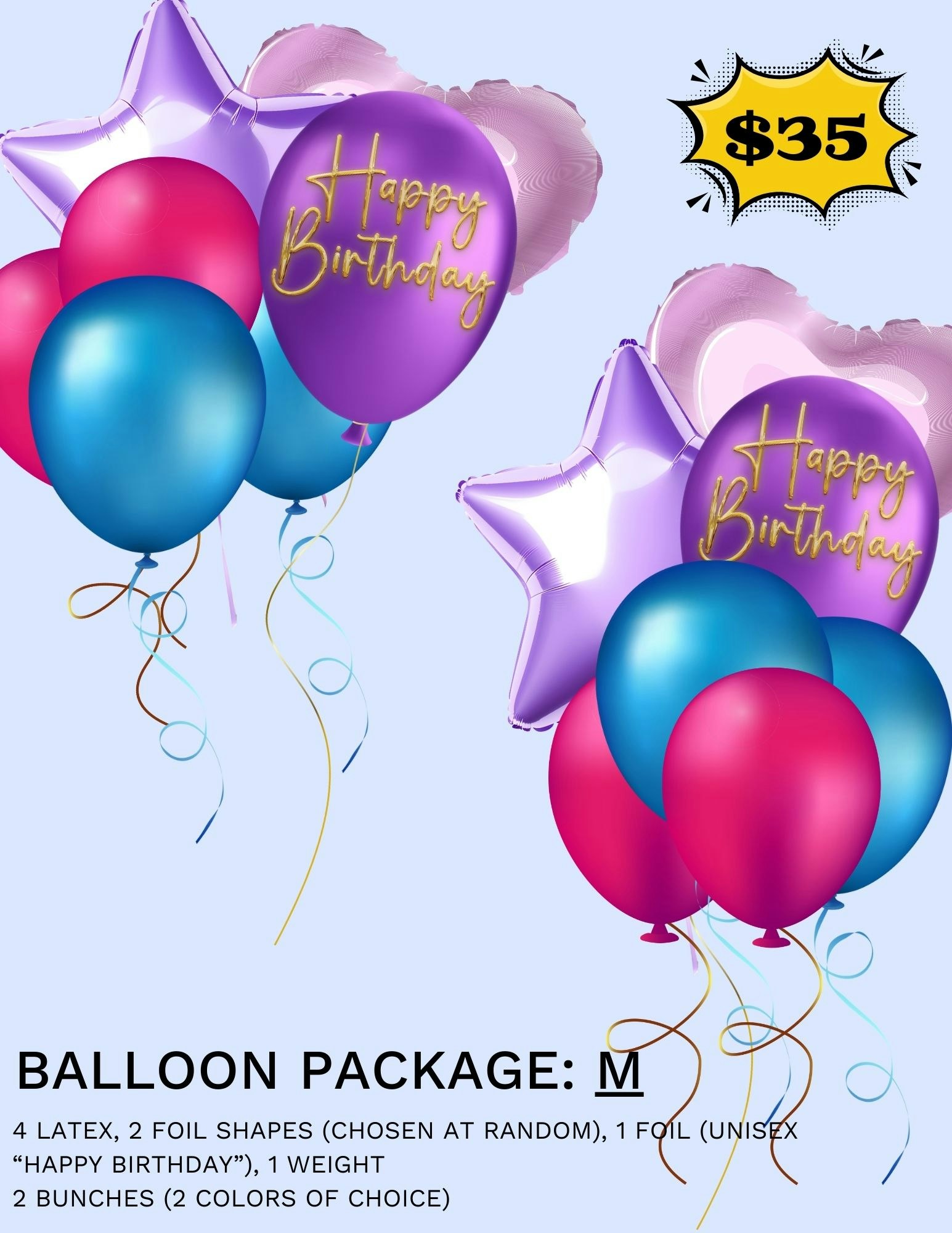 Birthday balloon package ad with colorful balloons priced at $35.