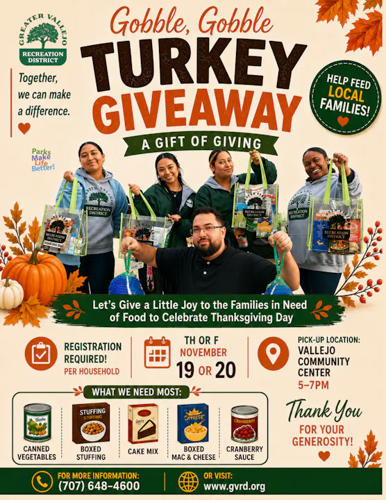 Turkey giveaway at Vallejo Community Center on Nov 19 or 20. Registration required. Help local families for Thanksgiving!