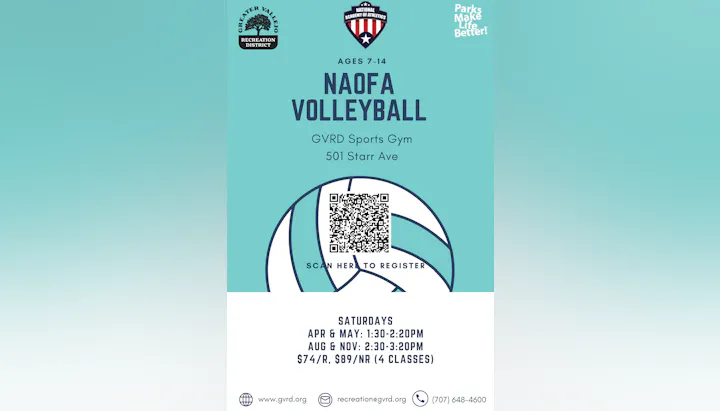 NAOFA Volleyball for ages 7-14 at GVRD Sports Gym. Classes on Saturdays, $74 for residents, $89 for non-residents. Register via QR code.