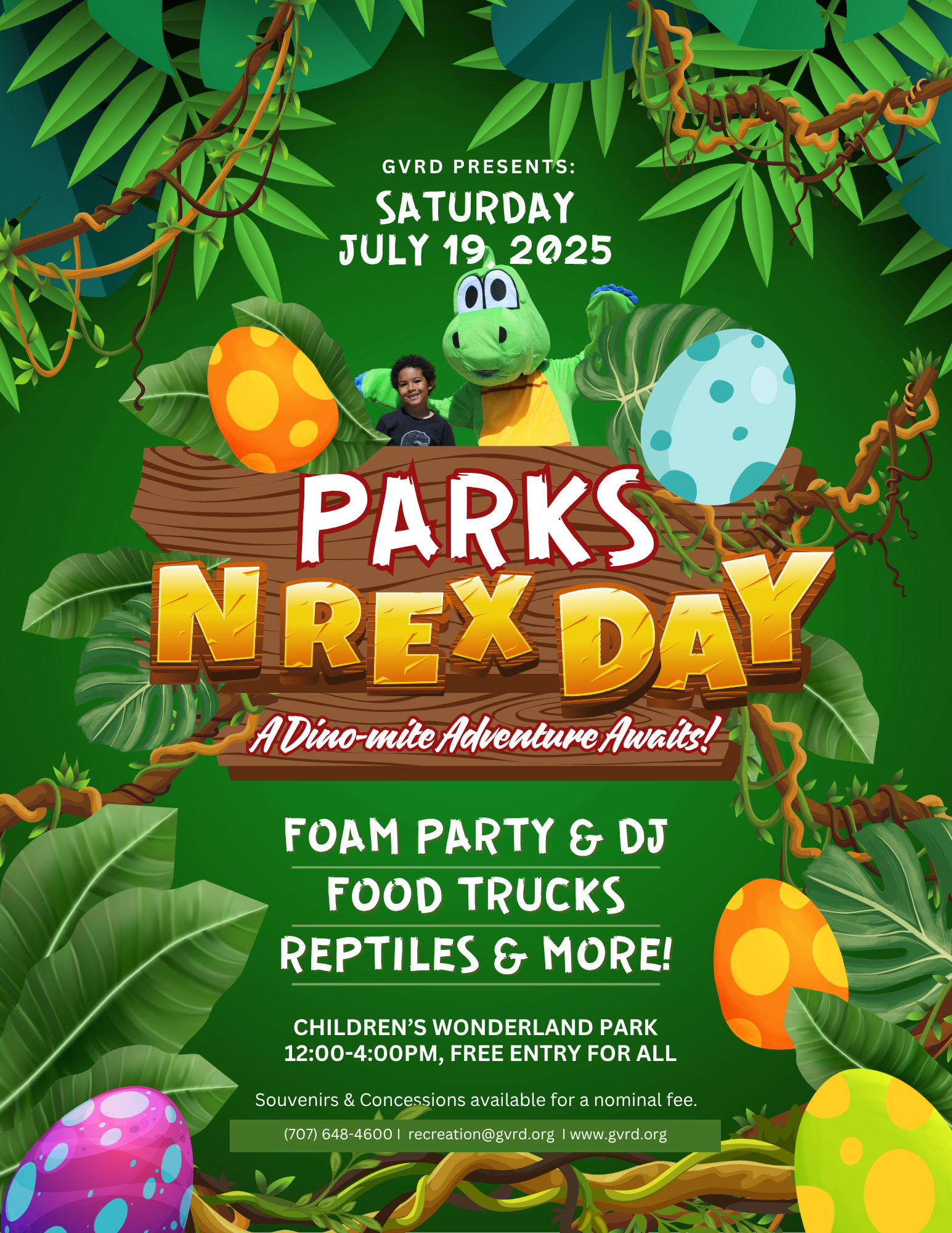 "Parks N Rex Day" on July 19, 2025, features a foam party, food trucks, reptiles at Children's Wonderland Park, 12-4 PM, free entry.