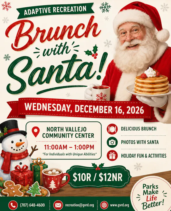 "Join us for 'Brunch with Santa' on Dec 16, 2026, at North Vallejo Community Center. Enjoy food, photos, and fun! $10/$12NR."