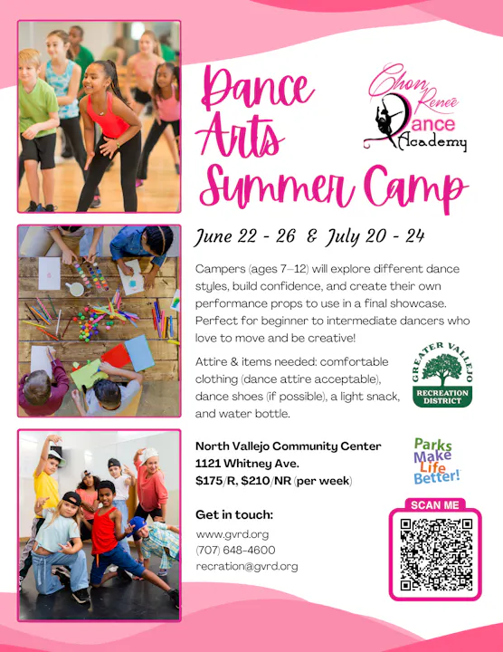Dance Arts Summer Camp for ages 7-12 from June 22-26 & July 20-24, focusing on dance styles and creativity in North Vallejo.