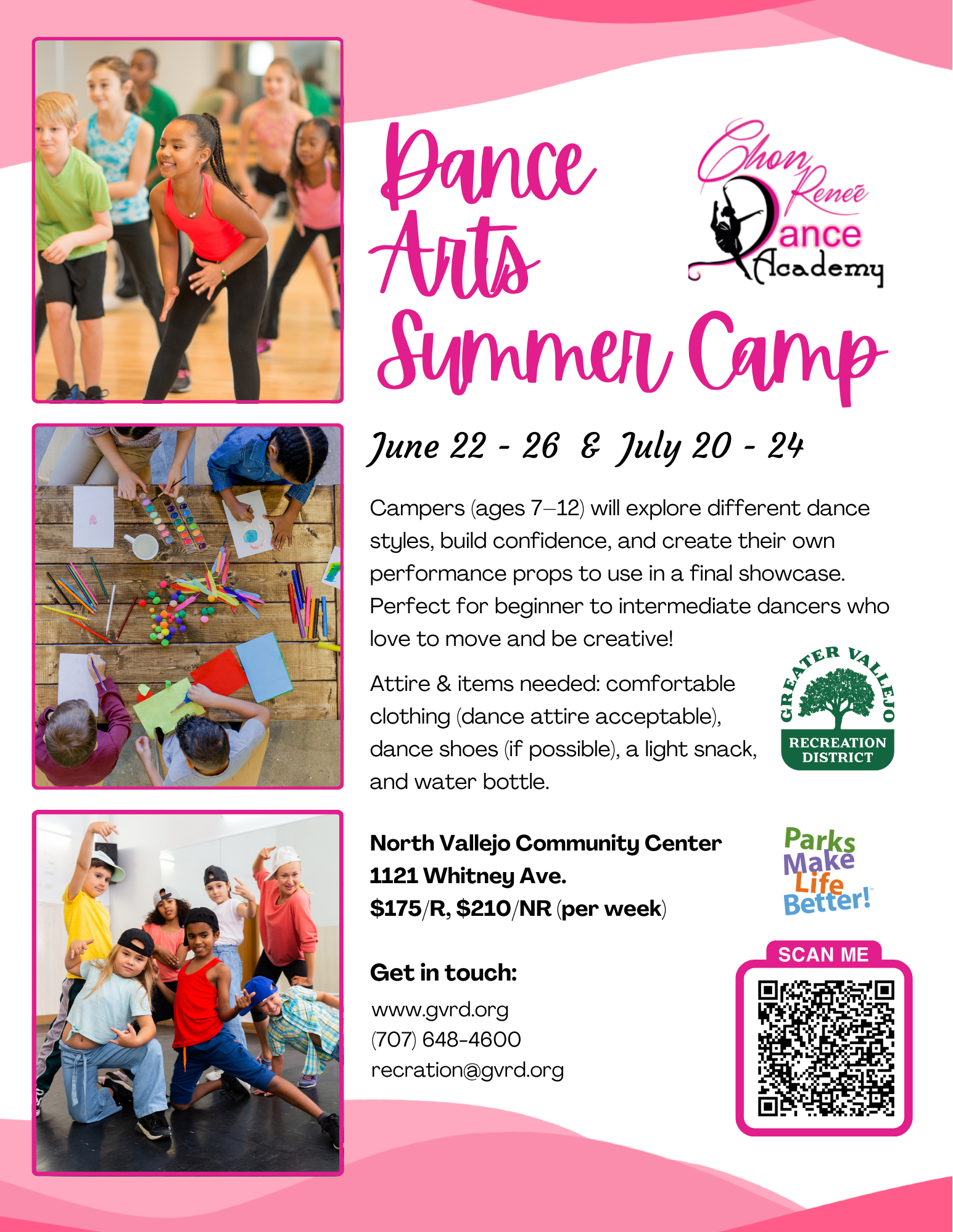 Dance Arts Summer Camp for ages 7-12 from June 22-26 & July 20-24, focusing on dance styles and creativity in North Vallejo.