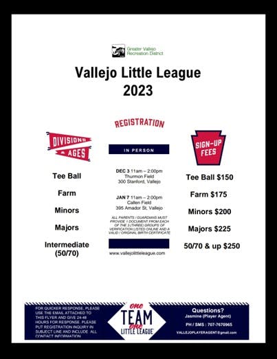 Vallejo Little League 2023 Registration