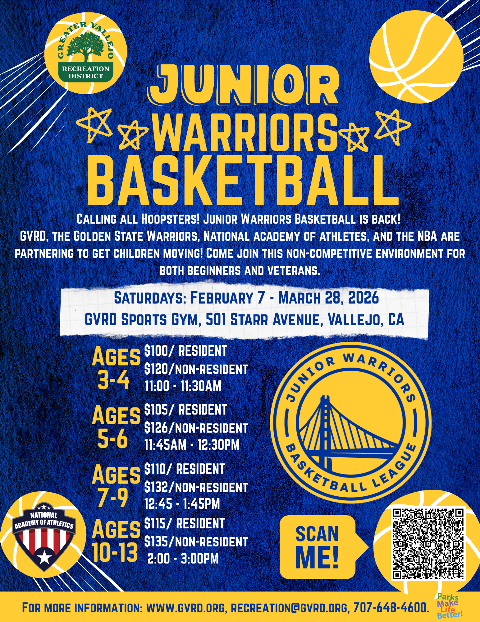 Junior Warriors Basketball, ages 3-13, Feb 7-Mar 28, 2026, GVRD Sports Gym, Vallejo, CA. Non-competitive, beginners welcome.