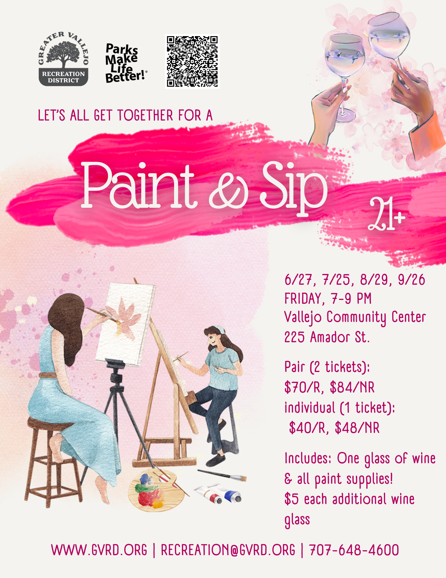 Flyer for a 21+ "Paint & Sip" event at Vallejo Community Center on various dates. Includes wine and supplies.