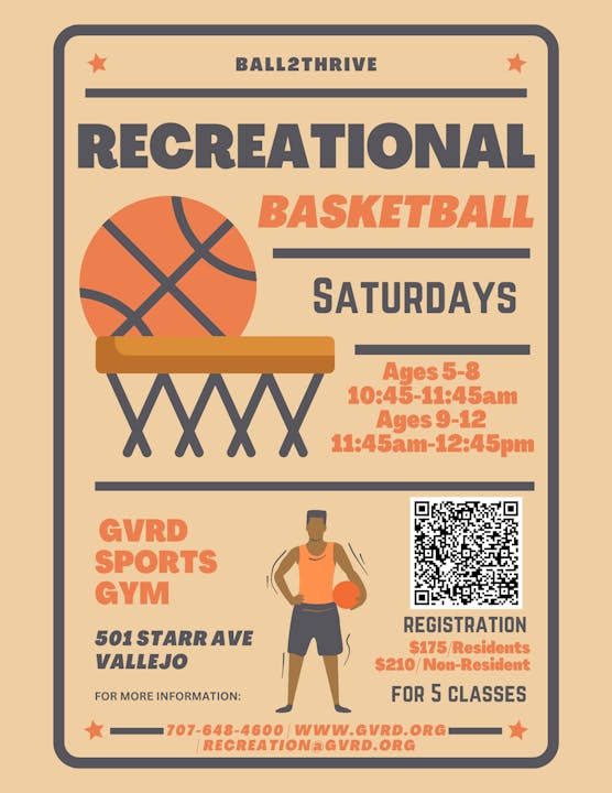Recreational basketball for ages 5-12 on Saturdays at GVRD Sports Gym, Vallejo. Registration details and contact info provided.