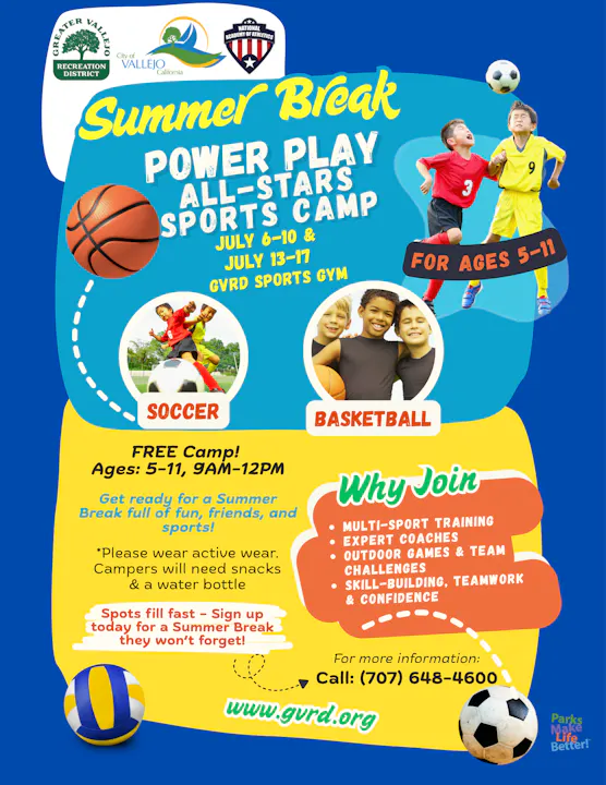 Summer Break Sports Camp for ages 5-11 on July 6-10 & 13-17 at GVRD Gym. Free, multi-sport training, fun, and teamwork. Register now!
