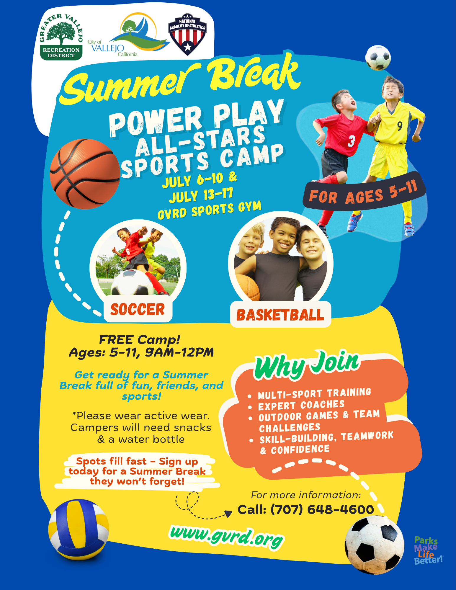 Summer Break Sports Camp for ages 5-11 on July 6-10 & 13-17 at GVRD Gym. Free, multi-sport training, fun, and teamwork. Register now!