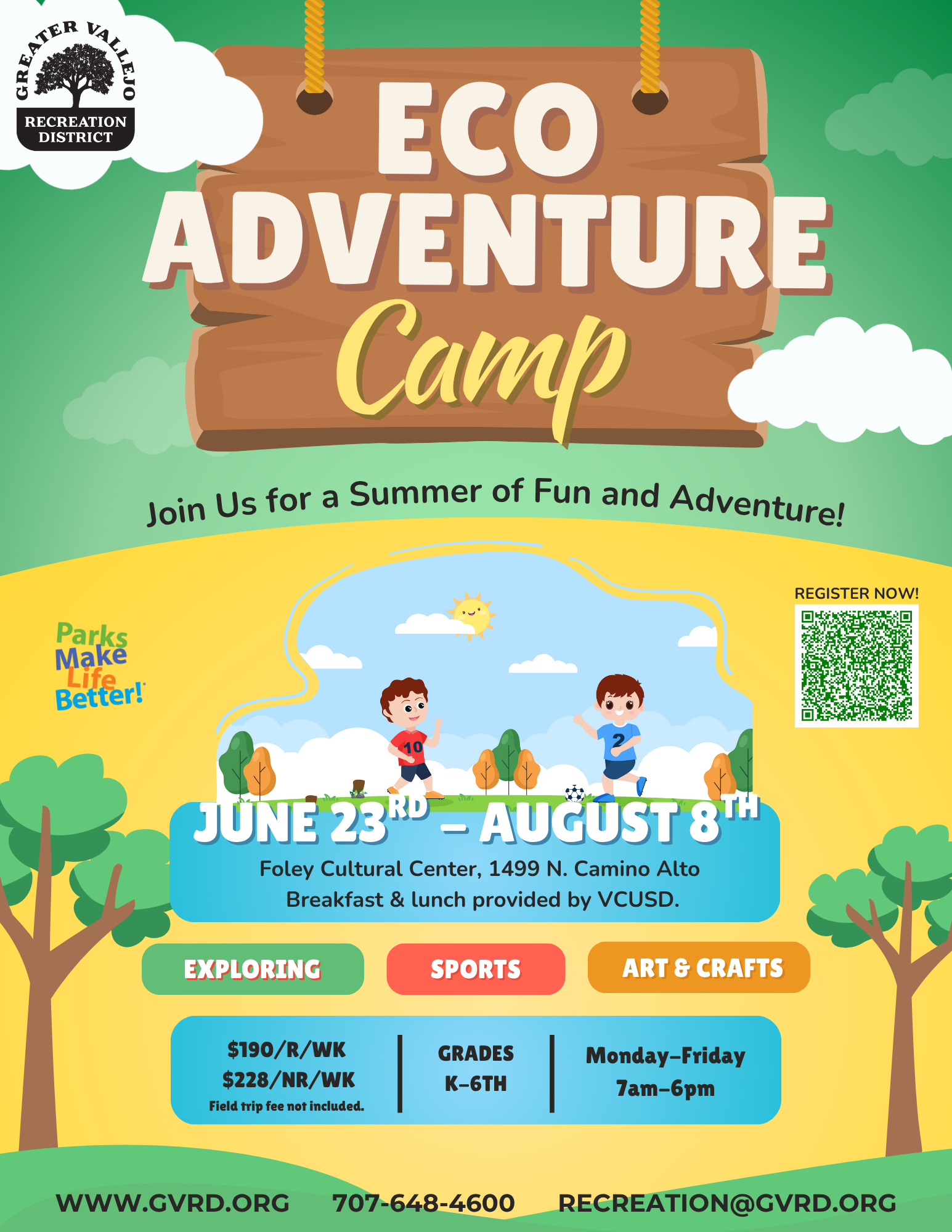Eco Adventure Camp flyer, June 23-Aug 8, Foley Cultural Center. Activities: exploring, sports, arts. Grades K-6, Mon-Fri, 7am-6pm.