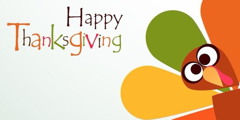 A colorful graphic wishing a "Happy Thanksgiving" with a cartoon turkey and vibrant autumn colors.