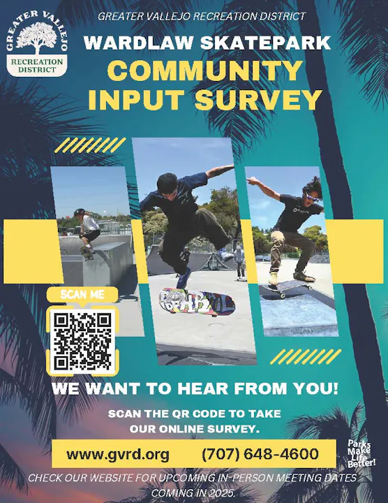 Wardlaw Skatepark community survey flyer with photos, QR code, and contact info for Greater Vallejo Recreation District.
